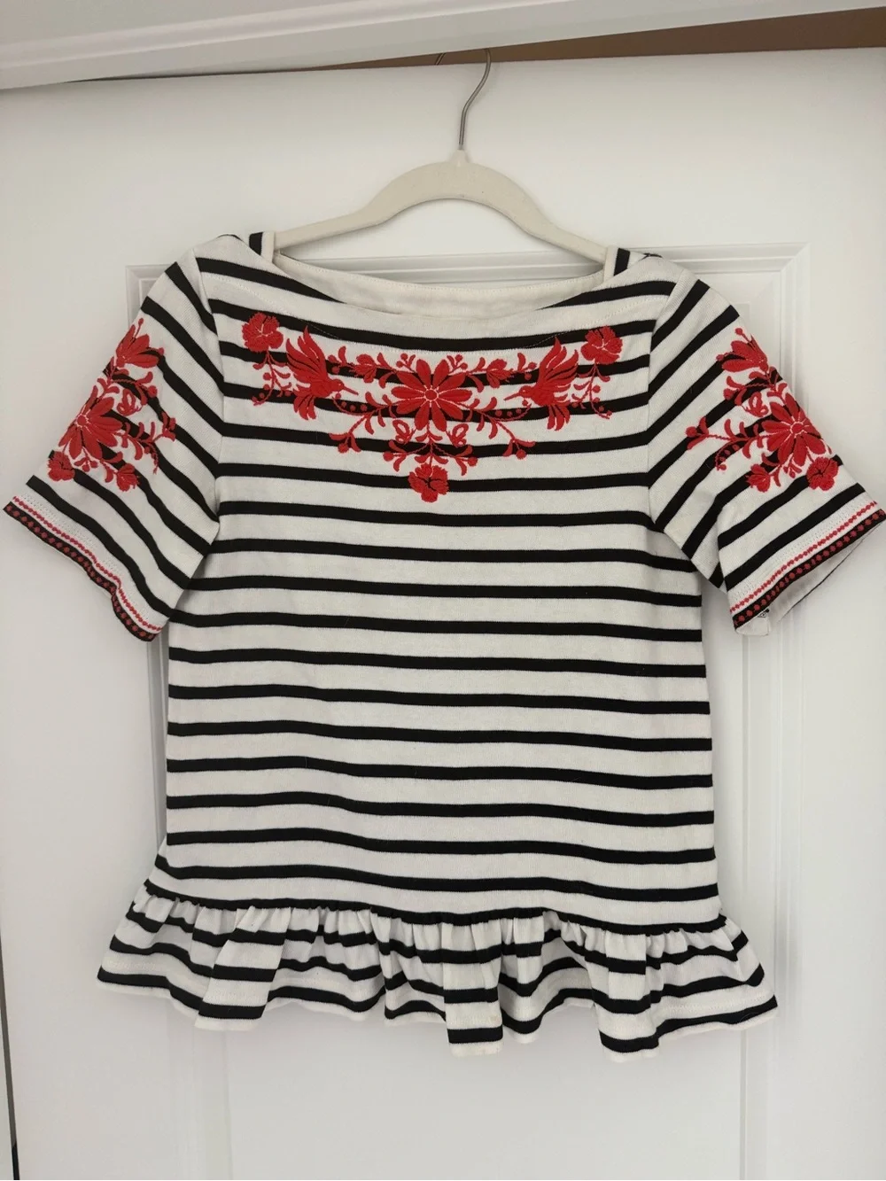 Kate Spade Ruffle-Hem Top with Red Floral Embroidery